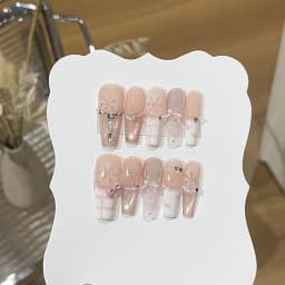 10Pcs Handmade Press on Nails Long Ballet Blue Fake Nails with 3D Ocean Moon Rhinestone Design False Nails Full Cover Nail Tips