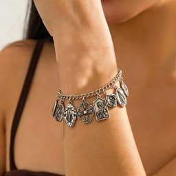 Vintage Bracelet Catholic Religious Church Medals Saints PRAY FOR Cross Pendant Chain Women Bangle Silver Plated Jewelry Gifts