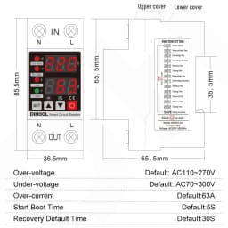 DIN Rail Adjustable Over Under Voltage Current Protective Device AC220V/110V 1-63A Delayed Self Recovery Voltage Protector