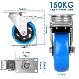 Set of Transport Rollers 100mm for Industrial Transport & Logistics 4/8x Swivel Casters with Brake, 150kg per Wheel