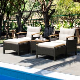 5PCS Patio Rattan Furniture Set Sofa Ottoman Cushioned Table W/Wood Top