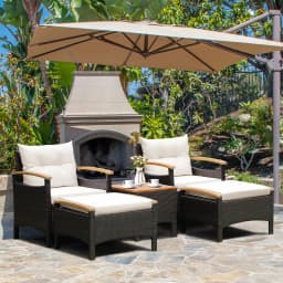 5PCS Patio Rattan Furniture Set Sofa Ottoman Cushioned Table W/Wood Top