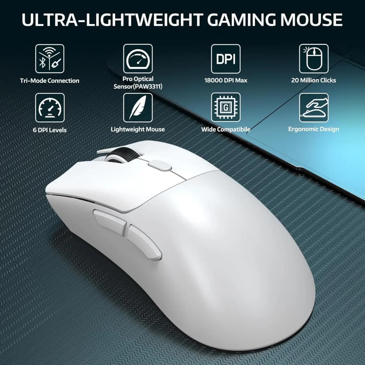 R1 Wireless Gaming Mouse,Tri-Mode Connection (2.4G/Wired/BT5.2),55g Lightweight Design,18K DPI Optical Sensor,HUYU 20 Million Ke