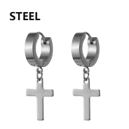 1Pair Punk Stainless Steel Cross Pendant Hoop Earrings For Men Women Not Fade Ear Rings Hip Hop Male Jewelry