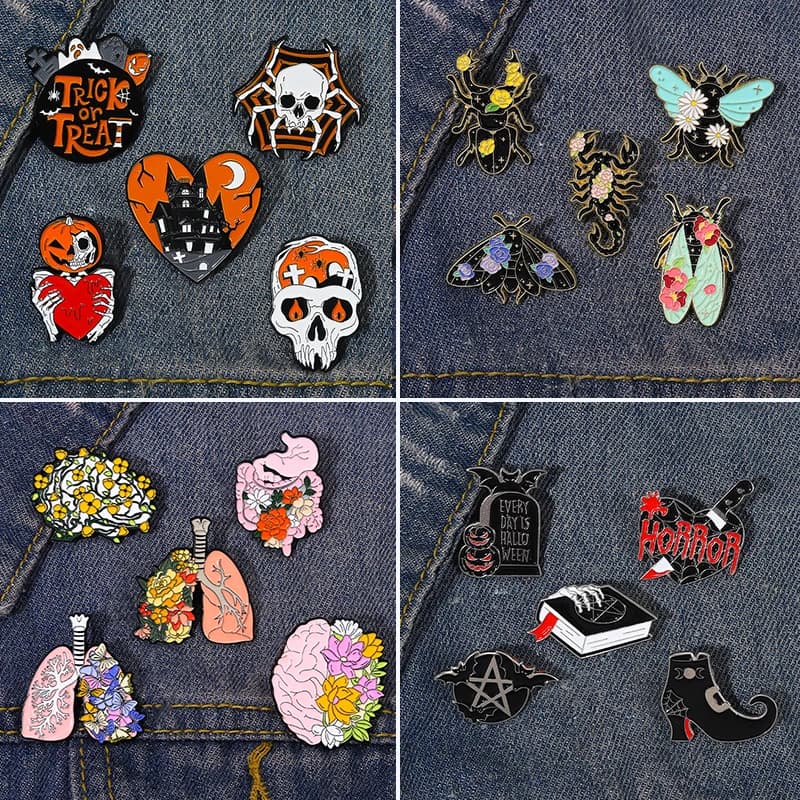 3-6 Pcs/Set Goth Halloween Enamel Pin Ghost Black Cat Moth Witch Punk Brooches Horror Snake Badges Lapel Skeleton Jewelry Gifts