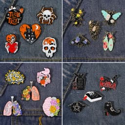 3-6 Pcs/Set Goth Halloween Enamel Pin Ghost Black Cat Moth Witch Punk Brooches Horror Snake Badges Lapel Skeleton Jewelry Gifts
