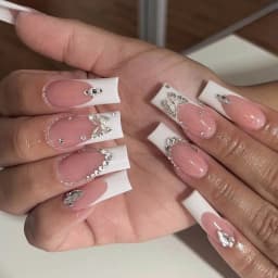 24Pcs Long French Fake Nails with Glue Ballet False Nails Butterfly Rhinestone Design Press on Nails Wearable Coffin Nail Tips