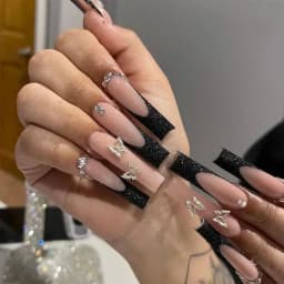 24Pcs Long French Fake Nails with Glue Ballet False Nails Butterfly Rhinestone Design Press on Nails Wearable Coffin Nail Tips