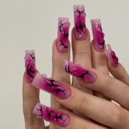 24Pcs Long French Fake Nails with Glue Ballet False Nails Butterfly Rhinestone Design Press on Nails Wearable Coffin Nail Tips