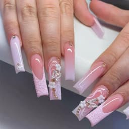 24Pcs Long French Fake Nails with Glue Ballet False Nails Butterfly Rhinestone Design Press on Nails Wearable Coffin Nail Tips