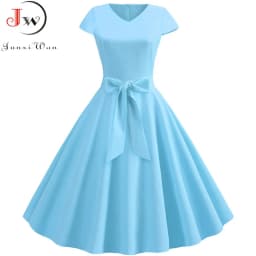 Women Summer Vintage Dress With Belt Short Sleeve V neck Elegant Retro Swing Party Dresses