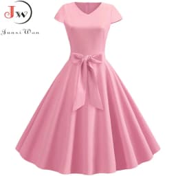 Women Summer Vintage Dress With Belt Short Sleeve V neck Elegant Retro Swing Party Dresses