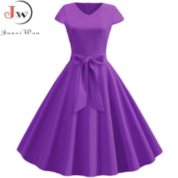 Women Summer Vintage Dress With Belt Short Sleeve V neck Elegant Retro Swing Party Dresses