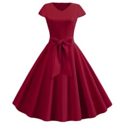 Women Summer Vintage Dress With Belt Short Sleeve V neck Elegant Retro Swing Party Dresses