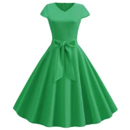 Women Summer Vintage Dress With Belt Short Sleeve V neck Elegant Retro Swing Party Dresses