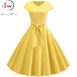 Women Summer Vintage Dress With Belt Short Sleeve V neck Elegant Retro Swing Party Dresses