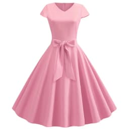 Women Summer Vintage Dress With Belt Short Sleeve V neck Elegant Retro Swing Party Dresses
