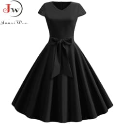 Women Summer Vintage Dress With Belt Short Sleeve V neck Elegant Retro Swing Party Dresses