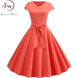 Women Summer Vintage Dress With Belt Short Sleeve V neck Elegant Retro Swing Party Dresses