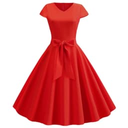Women Summer Vintage Dress With Belt Short Sleeve V neck Elegant Retro Swing Party Dresses