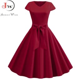 Women Summer Vintage Dress With Belt Short Sleeve V neck Elegant Retro Swing Party Dresses