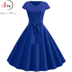 Women Summer Vintage Dress With Belt Short Sleeve V neck Elegant Retro Swing Party Dresses