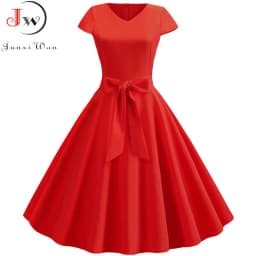 Women Summer Vintage Dress With Belt Short Sleeve V neck Elegant Retro Swing Party Dresses