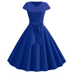 Women Summer Vintage Dress With Belt Short Sleeve V neck Elegant Retro Swing Party Dresses
