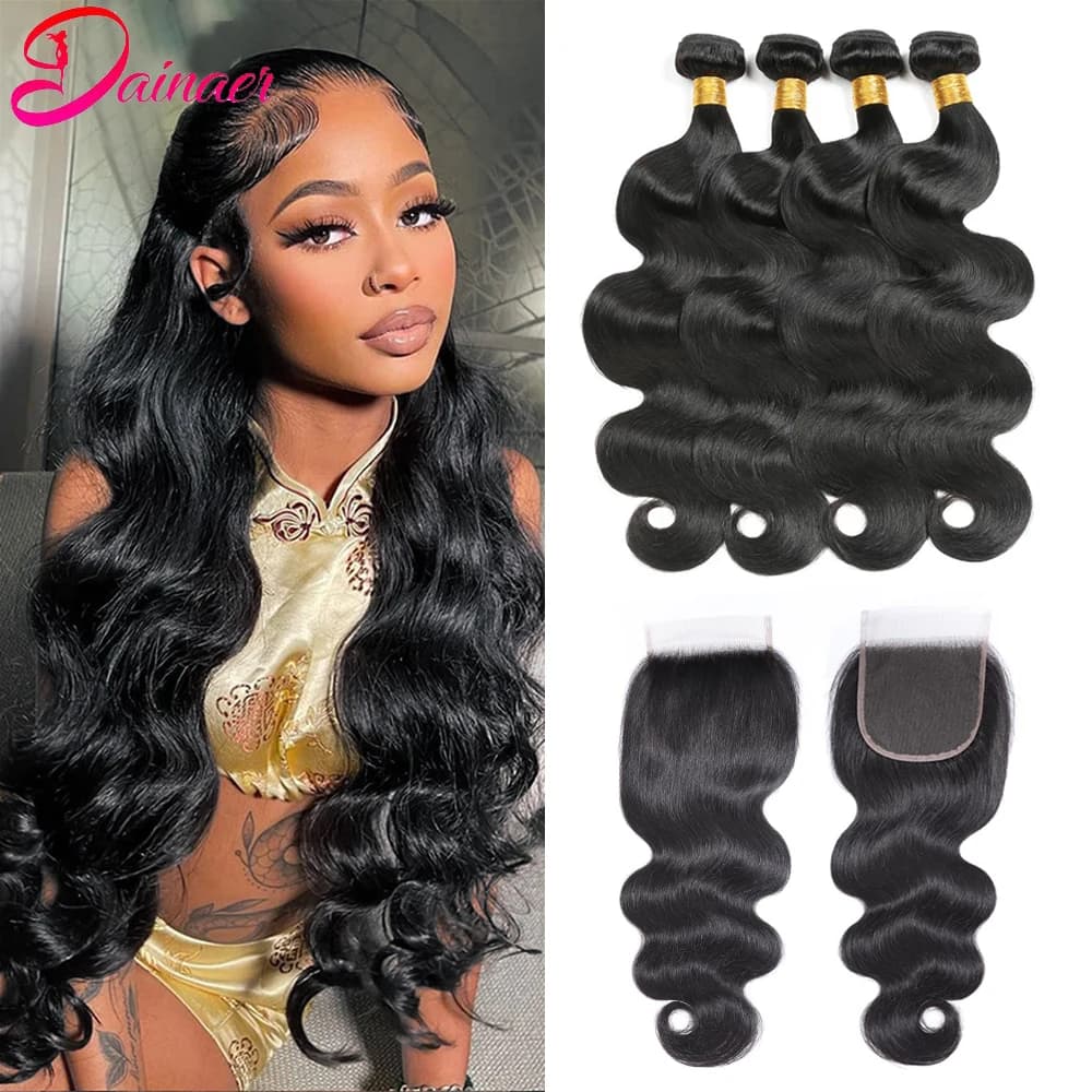 Peruvian Body Wave Bundles With Closure 100% Human Hair With 4x4 Lace Closure With Bundles Remy Hair 4 Bundles With Closure