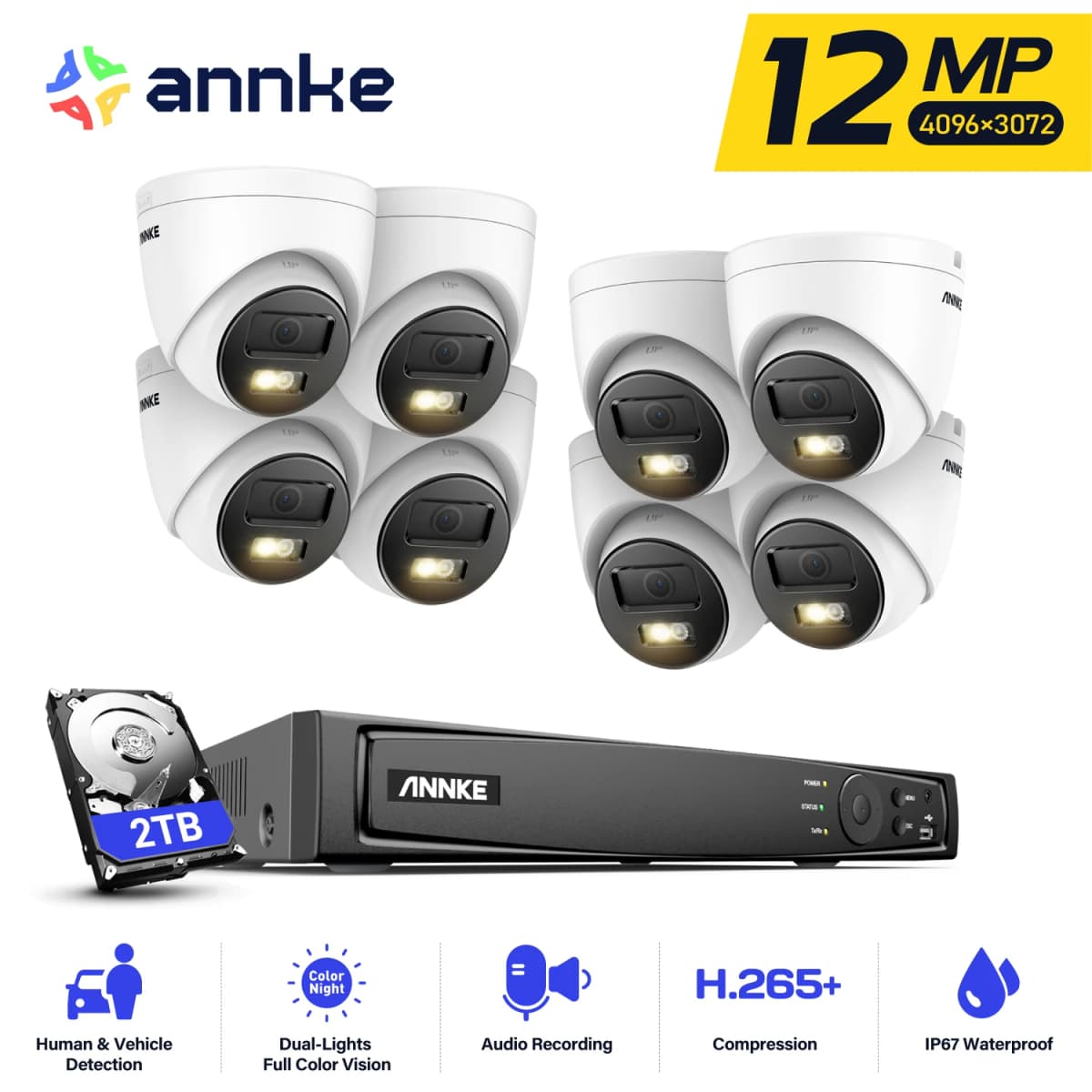 ANNKE 12MP Smart Dual Light Camera Kits Security Cam 8CH NVR 8PCS POE Camera Outdoor CCTV Video Surveillance Protection Camera
