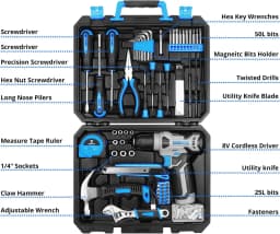 DEKO Drill Set: Tool Set with 8V Blue Cordless Drill, Home Tool Kit with Drill, Hand Tool Kits for Women 126 Piece