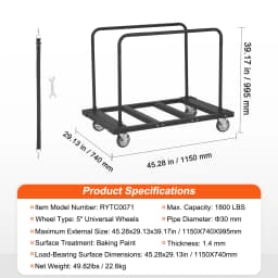 SucceBuy 1800Lbs Drywall Panel Dolly Steel Truck Cart with 5in Swivel Casters & Tie-Down Strap Lumber Cart for Factory Warehouse