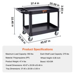 SucceBuy 2/3 Shelf Utility Service Cart Dolly with 360° Swivel Wheels Ergonomic Storage Handle for Warehouse/Garage/Cleaning