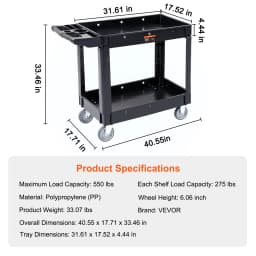 SucceBuy 2/3 Shelf Utility Service Cart Dolly with 360° Swivel Wheels Ergonomic Storage Handle for Warehouse/Garage/Cleaning