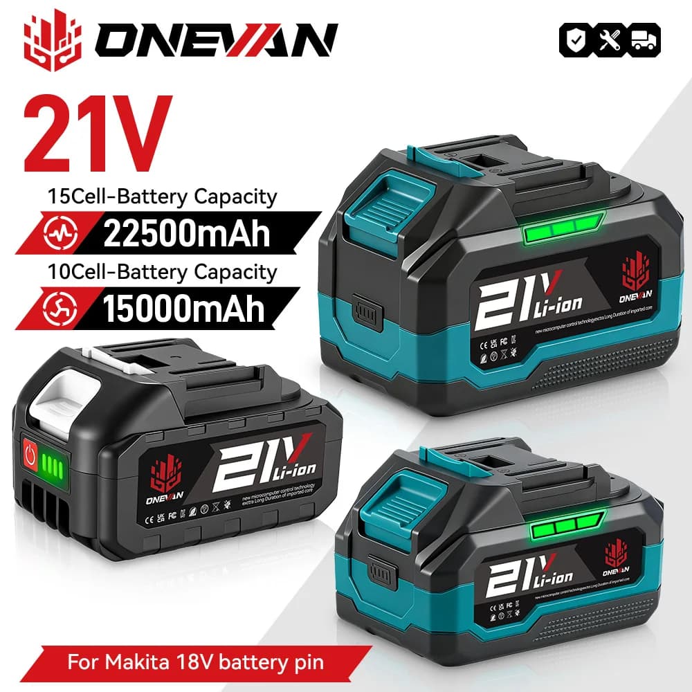 ONEVAN 15000mAh 22500mAh Rechargeable Lithium Ion Battery With Battery Indicator Wrench Power Tool For Makita 18V Battery Pin