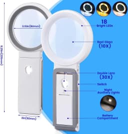 30X 10X Magnifying Glass with Light and Stand Folding Handheld Magnifying Glass 18 LED Illuminated Lighted Magnifier for Reading