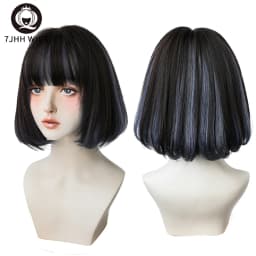 7JHH WIGS Black Short Bob Wig for Girl Daily Wear Synthetic Wig New Style Natural Supple Summer  Heatresistant Wig With Bangs