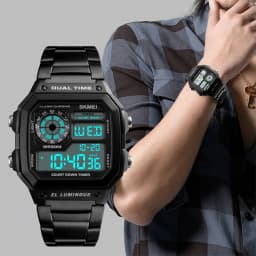 Skmei Dual Time Zone Men's Digital Sports Bracelet Watches Luxury Stainless Steel Band 50M Waterproof Led Chronograph Stop Watch