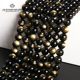 Natural Stone Golden Black Obsidian Bead Shinny Round Loose Gemstone Bead for Jewelry Making Diy Bracelet Necklace Accessory 15"