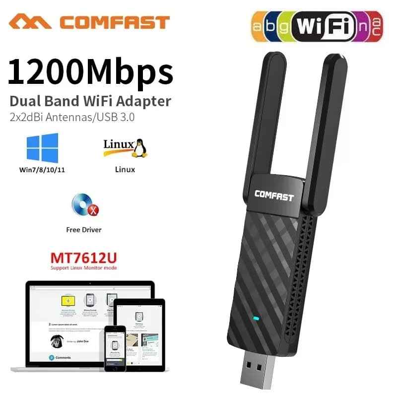 COMFAST 1200M MT7612U USB WiFi Dual Band 5G/ 2.4G Wifi Adapter Antenna Dongle LAN Adaptador Windows /Linux Desktop/Laptop/PC