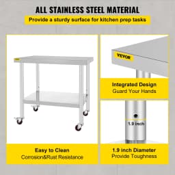 SucceBuy Stainless Steel Kitchen Prep Table With 4 Caster Wheels & Backsplash Loads Up to 100-300KG for Home Storage Rack Dining