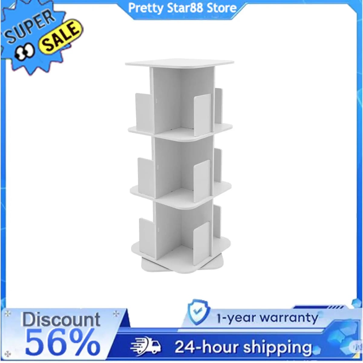 Good Stability 3 Tier Standing Bookcase 360° Rotating Bookshelf Space-Saving for Bedrooms/Living Rooms/Game Rooms Safe Baffle