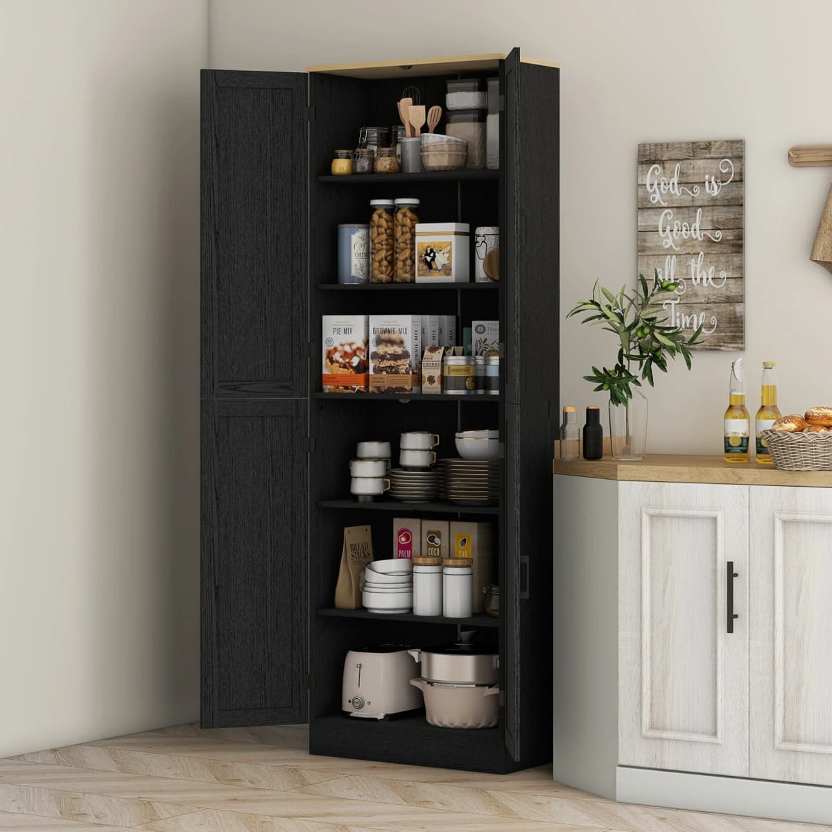 Homcom 67" Kitchen Pantry Storage Cabinet W/ Shelves, Distressed Black