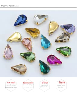 5x8mm 6x10mm 8x13mm 24-Colors Sew on Flat Water Drops Teardrop Crystal Rhinestones With Gold Claw Button Wedding Dress Bags Diy