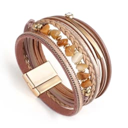 Amorcome Boho Natural Stone Leather Bracelets for Women Female Vintage Braided Rope Wide Multilayer Wrap Bracelet Men Jewelry