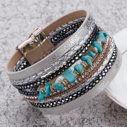 Amorcome Boho Natural Stone Leather Bracelets for Women Female Vintage Braided Rope Wide Multilayer Wrap Bracelet Men Jewelry