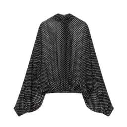 ETJ Women's Polka Dot Blouse Skirt Set 2026 Spring High Neck Batwing Sleeve Sheer Front Tie Bow Midi A-Line Dress Set