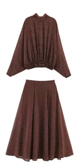 ETJ Women's Polka Dot Blouse Skirt Set 2026 Spring High Neck Batwing Sleeve Sheer Front Tie Bow Midi A-Line Dress Set