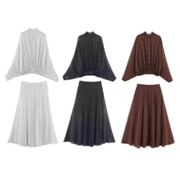 ETJ Women's Polka Dot Blouse Skirt Set 2026 Spring High Neck Batwing Sleeve Sheer Front Tie Bow Midi A-Line Dress Set