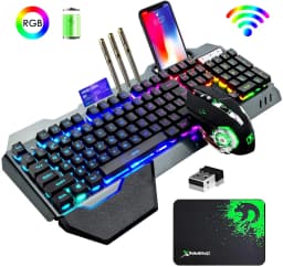 K680 Wireless Gaming Keyboard and Mouse Combo,Rainbow LED Backlit Keyboard with Rechargeable 3800mAh Battery Metal Panel